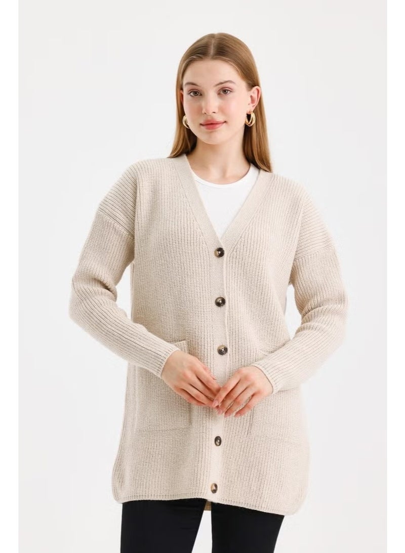 Odelon Women's Buttoned Oversize Pocket Long Stone Knitted Cardigan - Image 1